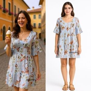 Lungo L'Arno 100% Linen Floral Tiered Mini Dress - Cottagecore Boho Coastal - M